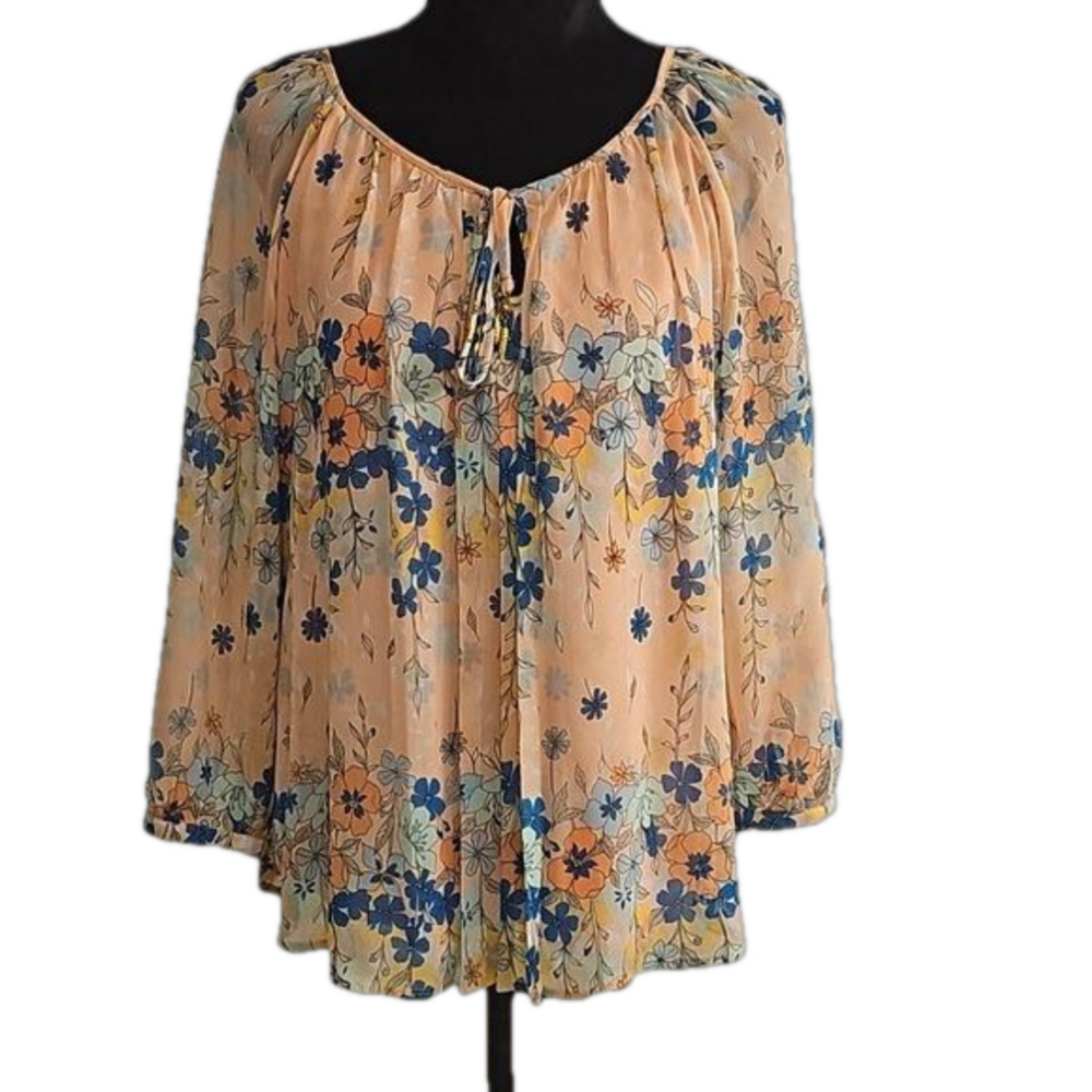 Sara Michelle multi color floral keyhole tie flowy blouse size large